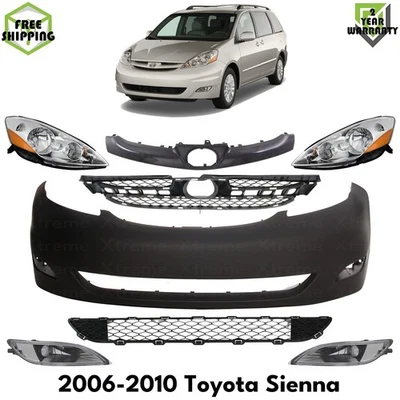 Front Bumper Cover Primed Plastic & Headlights Kit For 2006-2010 Toyota Sienna - Imagem 1 de 4