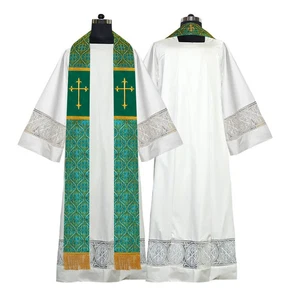 Green Church Stole with Ornate Western Cross Embroidery | Liturgical Vestment - Picture 1 of 2