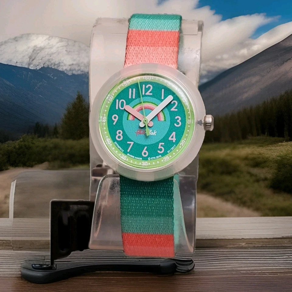 FLIK FLAK STRIPY DREAMS ZFPNP014 RAINBOW SWISS MADE KIDS WATCH NEW BATTERY  - Image 1 of 4