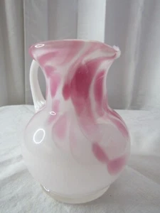 WHITE AND PINK SWIRLED HAND BLOWN PITCHER WITH APPLIED HANDLE MADE BY PILGRIM - Picture 1 of 7