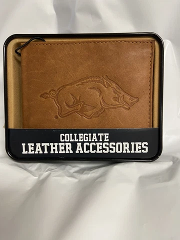 Arkansas Razorbacks NCAA Embossed Brown Leather Bi-Fold Wallet Cover