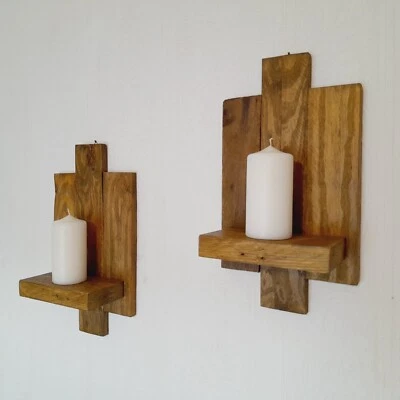 PAIR OF HANDCRAFTED RECLAIMED WOOD WALL SCONCE CANDLE HOLDERS SHABBY CHIC RUSTIC - Image 1 of 4