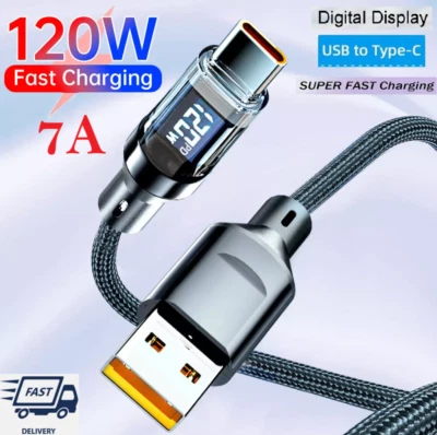 Digital Display USB A to Type C Cable 7A 120W Fast Charger Braided USB-C Lead - Image 1 of 4