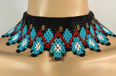 New Handmade Beaded Black Blue Native Style Chunky Choker Necklace N15/19 - Image 1 of 4