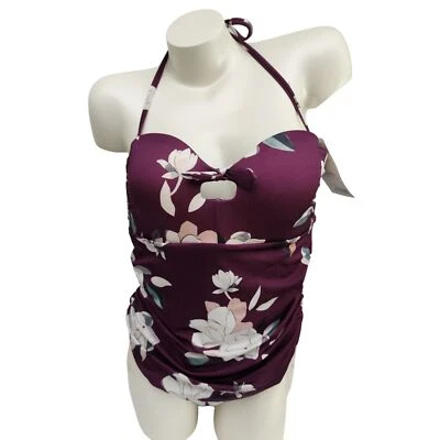 ATHLETA NWT Purple Swimsuit Floral 2 pc. Tankini Cut Out Padded Top Bottom Large - Image 1 of 4