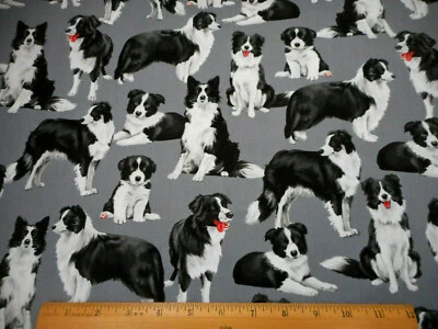 Dog Fabric 7/8 Yard Border Collie Dog Puppy on Gray TT Premium Cotton - Image 1 of 2