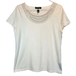 Lauren Ralph Lauren Women’s Blouse Size L Ivory Short Sleeve Pony Beads Academia - Picture 1 of 7
