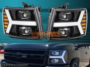 2007-2013 CHEVY SILVERADO PROJECTOR HEADLIGHTS JET BLACK LED TURN SIGNAL PAIR - Picture 1 of 6