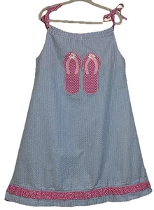 Viva La Fete Girls Sun Dress Sz 5 Blue/white Seersucker W/Pink Flip Flops - Picture 1 of 6