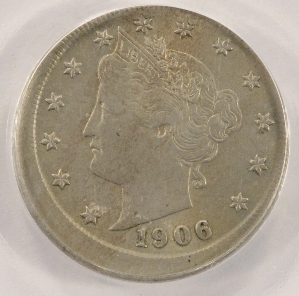 Liberty Nickel Struck 1906 5c 10 % descentrado graduación profesional AU58 Foto 1 de 4