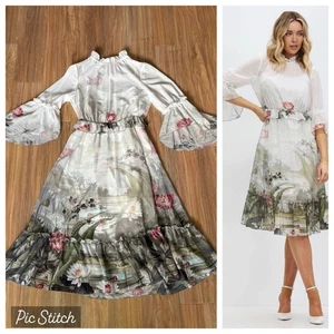 TED BAKER BROOKI RUFFLE MIDI DRESS SIZE 1 AUS UK 8 10 US 4 6 WONDERLAND FLORAL - Picture 1 of 24