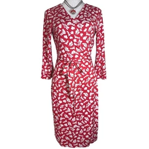 Diane von Furstenberg DVF Red Floral Print Wrap Silk Dress 8 Holiday Party - Picture 1 of 9