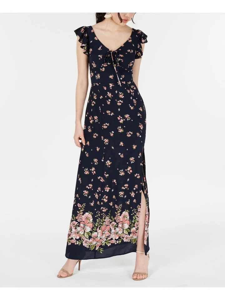 TEEZE Me Blue Size 1 Junior Floral Ruffle Printed Crepe Maxi Dress 190