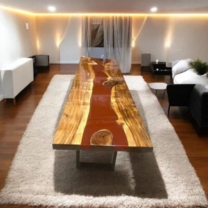 45"x15" Red Epoxy Resin Dining Table Wooden Live Edge Handmade Kitchen Slab Deco - Picture 1 of 9