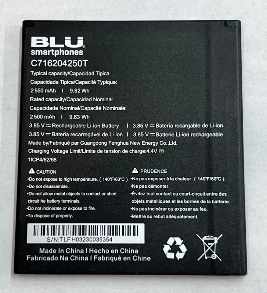 BATERÍA DE REPUESTO OEM BLU STUDIO MINI 2023 ST1020T C716204250T 2550mAh 9.82Wh Foto 1 de 1