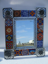 PUNCHED TIN MIRROR with mixed talavera tile mexican folk art 13" X 11"