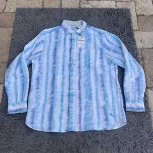 Tommy Bahama Shirt Mens Large Blue White Linen Button up Long Sleeve Beach - Picture 1 of 8
