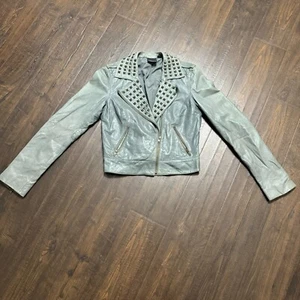 Trouve Womens Full Zip Studded Cropped Leather Moto Jacket Gray Size Small - Picture 1 of 11