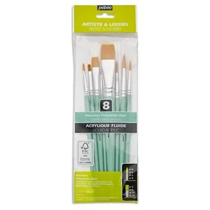 Pebeo Liquid Acrylic Gold Taklon Round & Flat Paint Brush Set 8pc - Picture 1 of 4