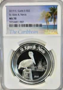 2019 EAST CARIBBEAN SILVER 2 DOLLARS SAINT KITTS & NEVIS PELICAN NGC MS 70 RARE - Picture 1 of 4