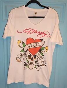 Ed Hardy by Christian Audigier White T-Shirt Sz Med Skull Hart Love Kills Slowly - Picture 1 of 6