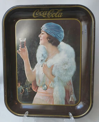 Vtg Coca-Cola/Coke Advertising Flapper Blue Hat Fur Stole Metal Drink Tray -READ - Image 1 of 4