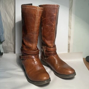 Bed Stu Damen hohe braune Lederstiefel Schnalle Reißverschluss Größe 10 Used-Look Schnürung 14 Zoll - Bild 1 von 17