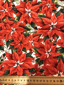 Per HALF YARD Red Poinsettia Flower Christmas Cotton Fabric - Picture 1 of 1