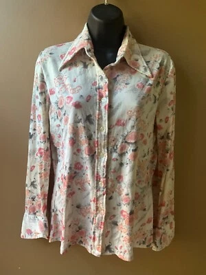 Винтажная рубашка хиппи диско 1970-х с цветочным заостренным воротником. Длинный sl, кнопка манжеты sz. L - Изображение 1 из 4