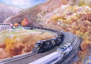 Horseshoe Curve Pennsylvania Matted Railroad Art Prints NS SD40E & Amtrak - Picture 1 of 2