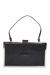 Calvin Klein Womens Stingray Top Handle Hard Clutch Bag Handbag Black Silver - Picture 1 of 7