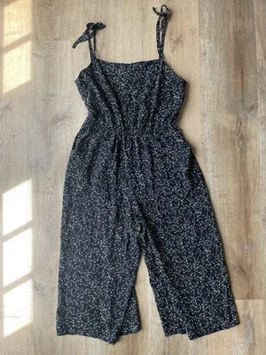 Gap Black Floral Jumpsuit Size L | Tie Strap Wide Leg Casual One Piece - Image 1 of 4