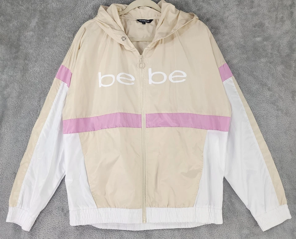 Chaqueta deportiva Bebe para mujer XL crema cremallera completa con capucha años 90 Y2K cortavientos vintage Foto 1 de 4