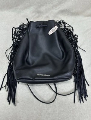 NWT Victoria’s Secret Black Fringe Backpack Cinch Bag - Image 1 of 4