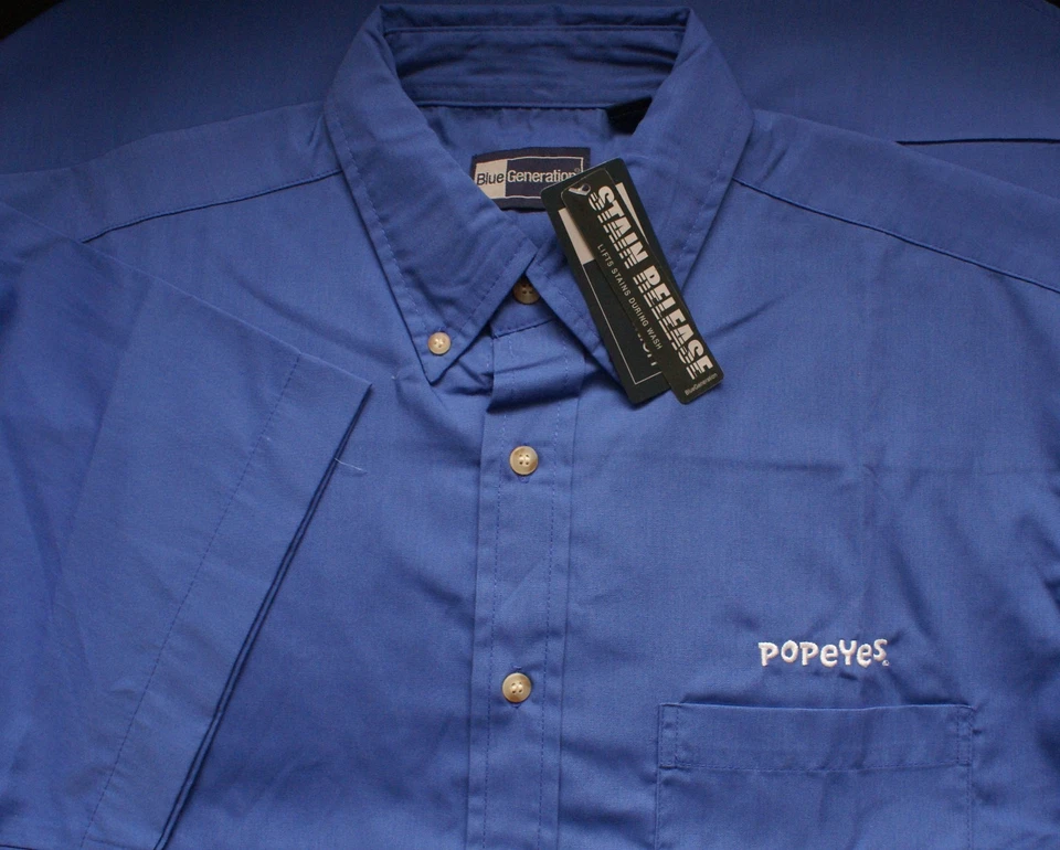 Popeyes Chicken Employee Button Down Shirt Blue Short Sleeve Men's Large, NEW - Image 1 of 2