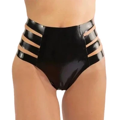 Women's Latex High Waist Strap Black Waistband Rubber Briefs Fetish Party BDSM - Image 1 of 4