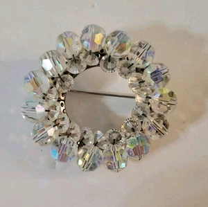 Vintage Crystal Brooch Clear AB Goldtone Round Wreath 1.75"  - Picture 1 of 3