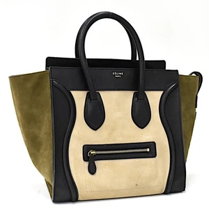 Celine Luggage Mini Shopper Handbag Suede Leather Black Beige Khaki - Picture 1 of 9