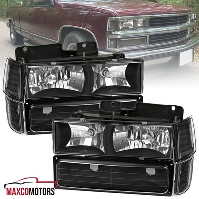 Black Headlights+Bumper Corner Lamps Fits 94-98 C10 C/K Tahoe Suburban Silverado Foto 1 de 4