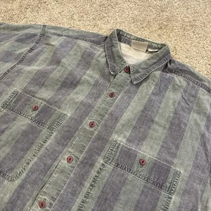 Vintage Shah Safari Jeanshemd L blau grün gestreift Kurzarm Knopfleiste 90er - Bild 1 von 8