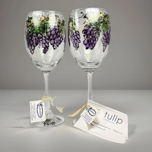 Paar Vintage handbemalte Weingläser Trauben signiert Tulpenglas Neuseeland NEU - Bild 1 von 5