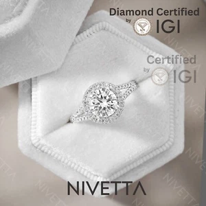 3.31 ct Lab Grown Round Cut Split Shank Halo Diamond Engagement Ring VVS2 D Pave - Picture 1 of 9