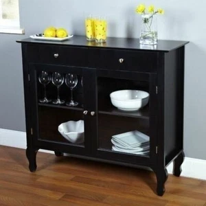 Black Wooden Buffet Console Server Storage Dining Curio Display Table Glass Door - Picture 1 of 8