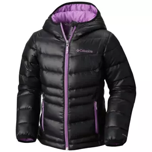 COLUMBIA Girls 550 TurboDown Hooded Down Jacket black purple M 10/12 - Picture 1 of 11