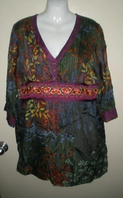 #1072 Camisa Misses M Johnny Was Bordada Púrpura Verde Oscuro Túnica Floral Foto 1 de 4