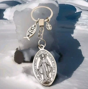 Religious keepsake Saint Mary pendant round cross Jesus Fish rhodium Keyring - Picture 1 of 3