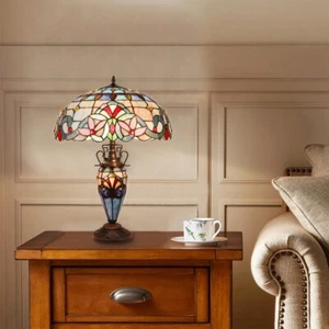 Stained Glass Tiffany Style Dark Bronze 3 Bulb Double Lit Table Lamp 18" Wide - Picture 1 of 8