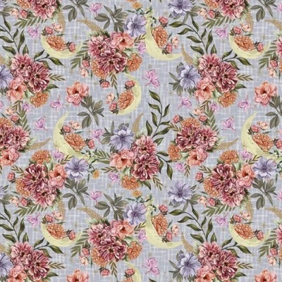 Acolchado en Blanco Cita de Medianoche Media Luna con Flores Púrpura Claro, POR Y Foto 1 de 4