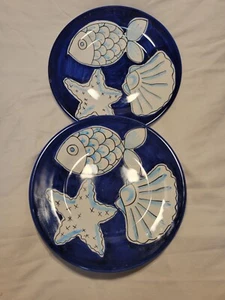 Italy Hand Painted 2pc Plates Blue & White Sealife Good Condition - Picture 1 of 9