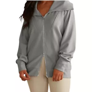Women's Zip-Up Sweatshirt Oversized Long Sleeve Casual Cozy - Large - Grey - Picture 1 of 3